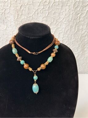 Turquoise and Brown Beaded Pendant Necklace - Women Jewelry Vintage  Bohemian